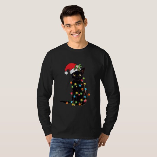 ブラックキャットクリスマスライトおもしろい猫好き Tシャツ (正面フル)