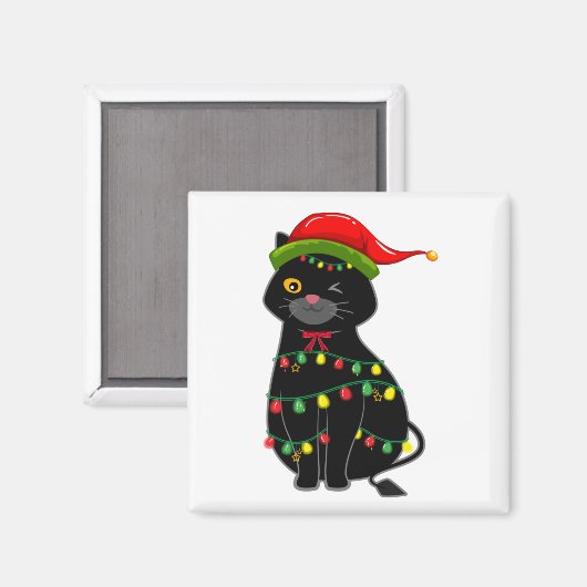 ブラックキャットクリスマスライトススクエア マグネット (正面/裏面)