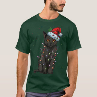 ブラックキャットクリスマスライトTおもしろい猫好きクリス Tシャツ
