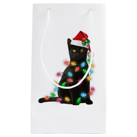 ブラックキャットクリスマスライトTシャツおもしろい猫好きc スモールペーパーバッグ (正面)