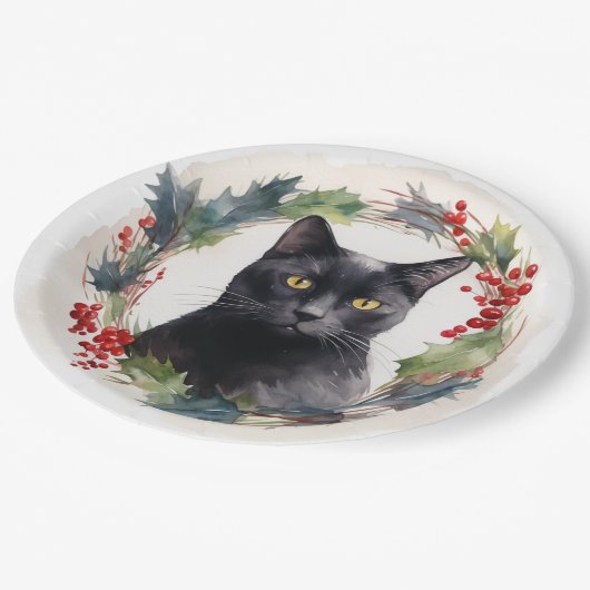 ブラックキャットクリスマスリースフェスティバル子猫 ペーパープレート (アングル)