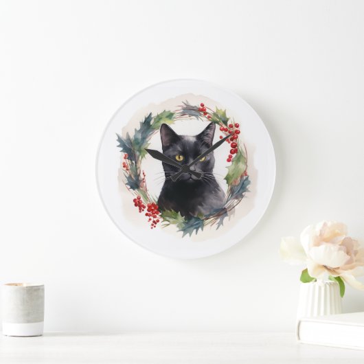 ブラックキャットクリスマスリースフェスティバル子猫 ラージ壁時計 (ホーム)
