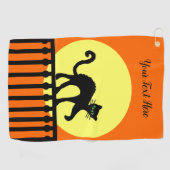 ブラックキャットグリーンアイズオンフェンスイエロームーンオレンジ ゴルフタオル (横)