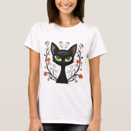 ブラックキャットグリーンアイズフィリグリー柄 Tシャツ