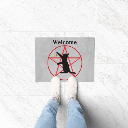 ブラックキャットグレーのハロウィーンペンタグラムサークル ドアマット (室内)