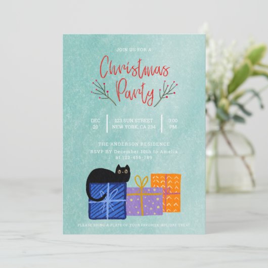 ブラックキャットコーヒーブルークリスマスパーティの招待状 シーズンカード (スタンド正面)