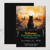 ブラックキャットサンセットオータム秋タウンブラックハロウィーン 招待状 (正面/裏面)