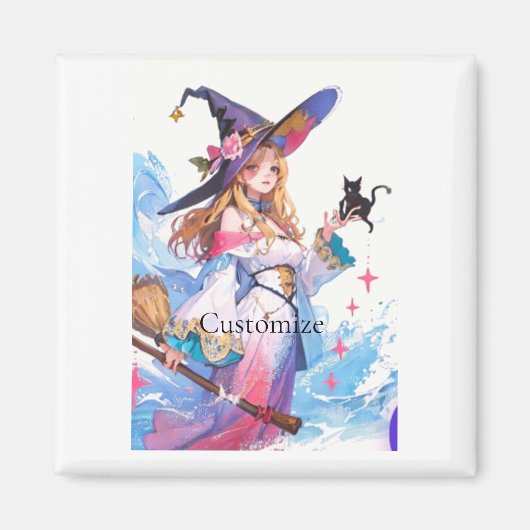 ブラックキャットサンダーを持つかわいい魔女サンダー_コーブ マグネット (正面)