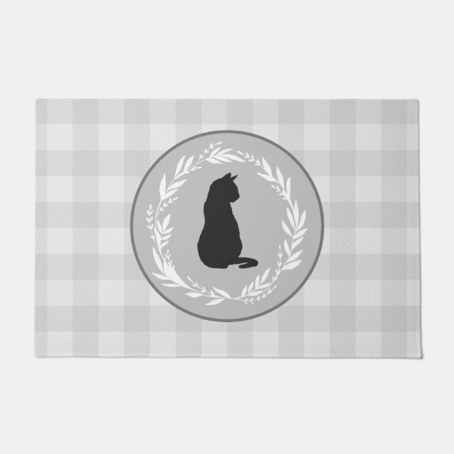 ブラックキャットシルエットバッファローチェックパターングレー ドアマット (正面)