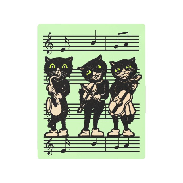 ブラックキャットジャズミュージシャングリーンアイシートミュージック メタルプリント (正面)