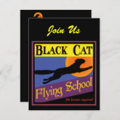 ブラックキャットスクー飛んでいるルハロウィーン招待状 招待状 (正面/裏面)