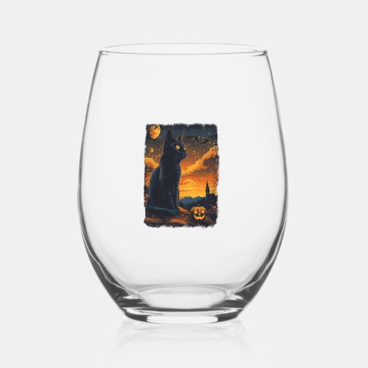 ブラックキャットスタリーナイトバンゴッホカボチャこうもりホール ステムなしワイングラス (正面)