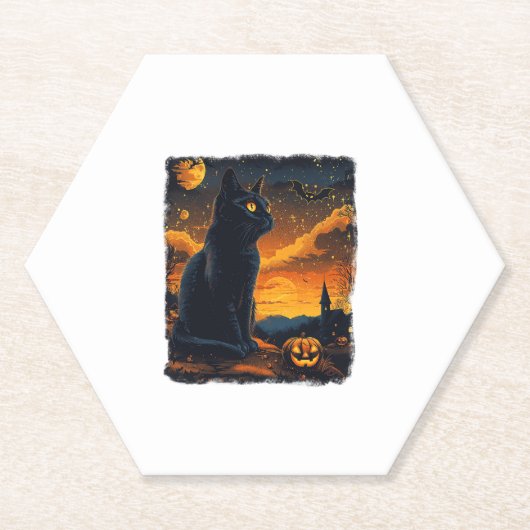ブラックキャットスタリーナイトバンゴッホカボチャこうもりホール ペーパーコースター (正面)