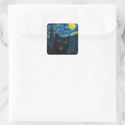 ブラックキャットスタリーナイトバンゴッホキャットセルフィー スクエアシール (バッグ)