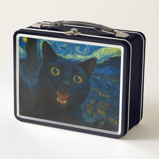 ブラックキャットスタリーナイトバンゴッホキャットセルフィー メタルランチボックス (正面)