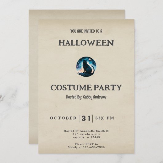 ブラックキャットスタリーナイトヴィンテージハロウィーン 招待状 (正面/裏面)