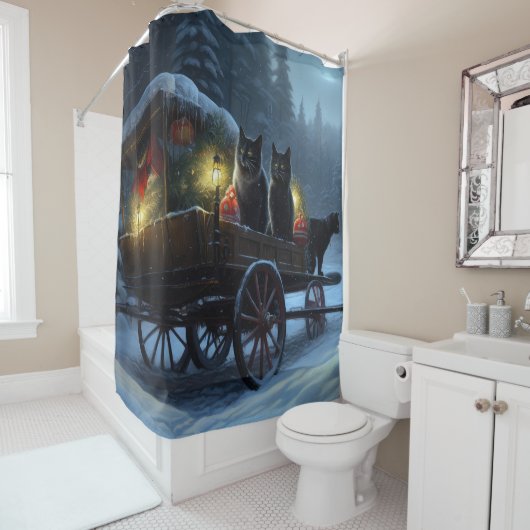 ブラックキャットスノーウィースライドクリスマスデコール シャワーカーテン (インサイチュ)