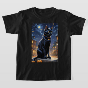 ブラックキャットハロウィーン猫好きナイトキャットバンゴッホ Tシャツ