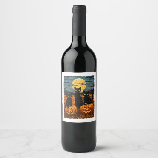 ブラックキャットハロウィーン猫好き星空ナイトキャットVa ワインラベル (正面)