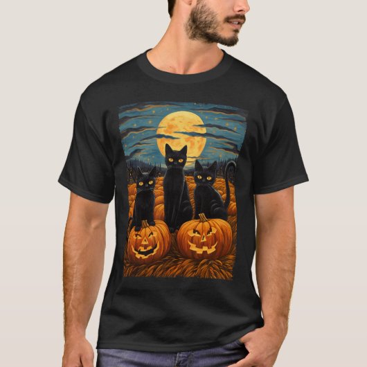 ブラックキャットハロウィーン猫好き星空ナイトキャットVa Tシャツ (正面)