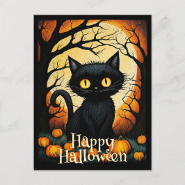 ブラックキャットパンプキンフォレストハッピーハローウィン ポストカード