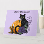 ブラックキャットパープルバラパンプキンハロウィン カード (正面)