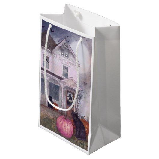 ブラックキャットピンクパンプキン&ハウス幽霊のよく出るハロウィーン スモールペーパーバッグ (正面アングル)