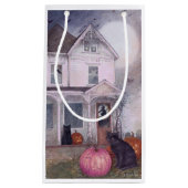 ブラックキャットピンクパンプキン&ハウス幽霊のよく出るハロウィーン スモールペーパーバッグ (正面)