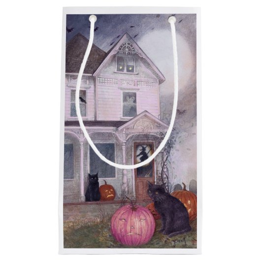 ブラックキャットピンクパンプキン&ハウス幽霊のよく出るハロウィーン スモールペーパーバッグ (正面)