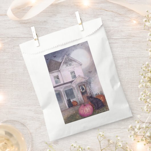 ブラックキャットピンクパンプキン&ハウス幽霊のよく出るハロウィーン フェイバーバッグ (クリップ留めされた状態)