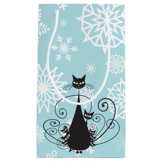 ブラックキャットファミリーホワイトスノーフレークスオンブルー抱き枕 スモールペーパーバッグ (正面)