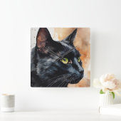 ブラックキャットプロファイルポーズの水彩ポートレート スクエア壁時計 (ホーム)