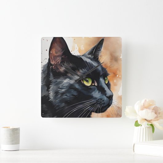ブラックキャットプロファイルポーズの水彩ポートレート スクエア壁時計 (ホーム)