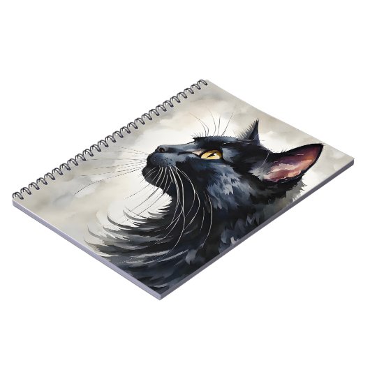 ブラックキャットプロファイルポーズの水彩ポートレート ノートブック (左側)