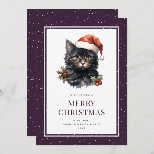 ブラックキャットホリーベリー雪メリークリスマスカード シーズンカード (正面/裏面)
