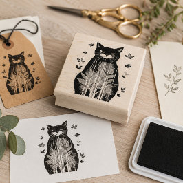 ブラックキャットボタニカルアート 幻想的なゴシックスタイルの猫好き向けデザイン ラバースタンプ