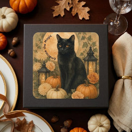 ブラックキャットボタニカルヴィンテージ ハロウィン パンプキン アート スクエアシール