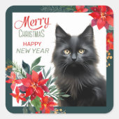 ブラックキャットポインセチア縁どクリスマス スクエアシール (正面)