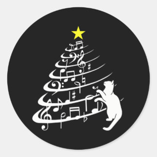 ブラックキャットミュージックノートクリスマスミュージシャン猫 ラウンドシール