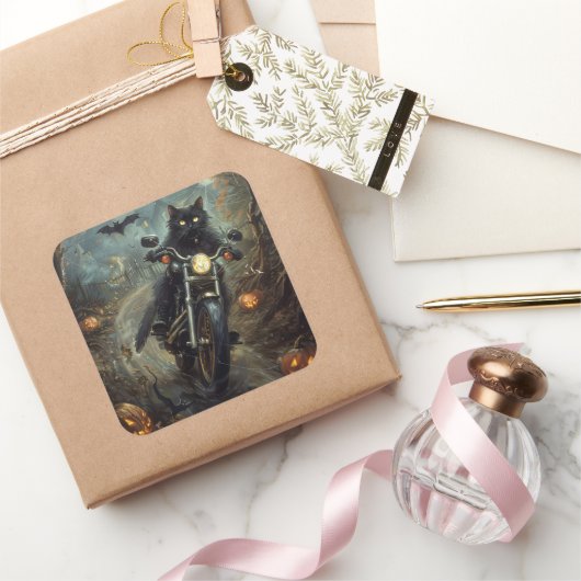 ブラックキャットライディングオートバイハロウィンホラー スクエアシール (ギフト)