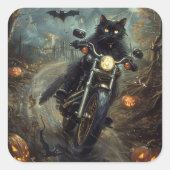 ブラックキャットライディングオートバイハロウィンホラー スクエアシール (正面)