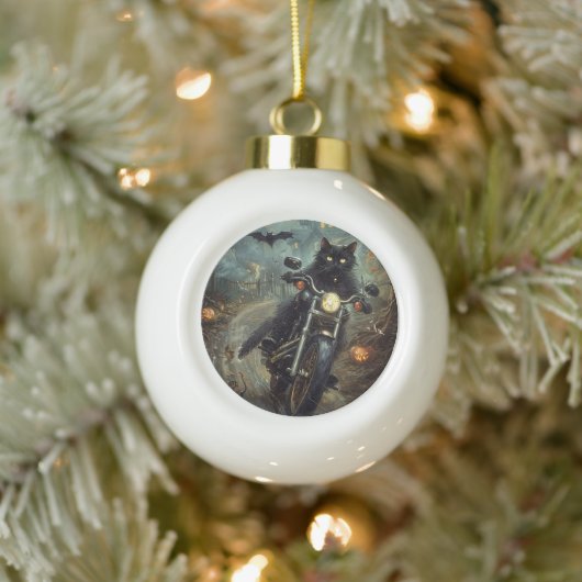 ブラックキャットライディングオートバイハロウィンホラー セラミックボールオーナメント (ツリー)