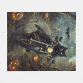 ブラックキャットライディングオートバイハロウィンホラー フリースブランケット (正面(横))