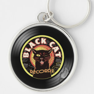 ブラックキャットレコードキーチェーン – レトロビニールジャズキャット キーホルダー