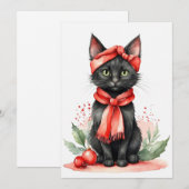 ブラックキャットレッドスカーフフラットホリデーカード シーズンカード (正面/裏面)