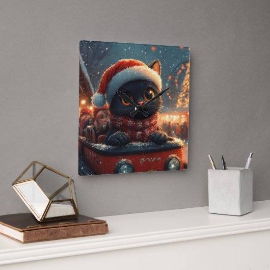 ブラックキャットローラーコースタークリスマス スクエア壁時計 (オフィス)