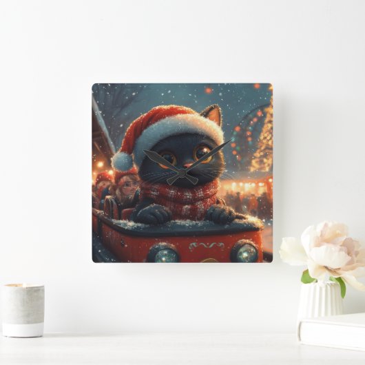 ブラックキャットローラーコースタークリスマス スクエア壁時計 (ホーム)