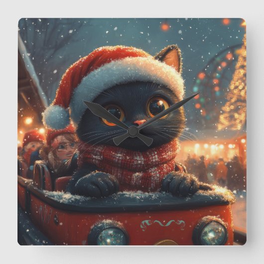 ブラックキャットローラーコースタークリスマス スクエア壁時計 (正面)
