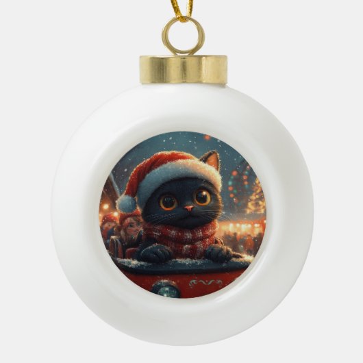 ブラックキャットローラーコースタークリスマス セラミックボールオーナメント (正面)