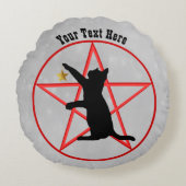 ブラックキャット不気味オンペンタグラム金ゴールドスターグレー ラウンドクッション (正面)